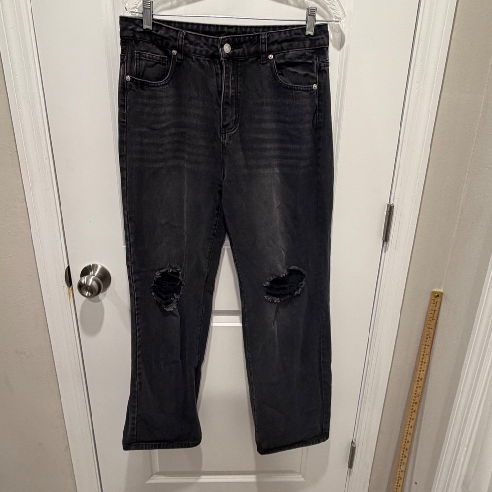 SHEIN Womens Jeans Distressed Knee Washed Black Size L
